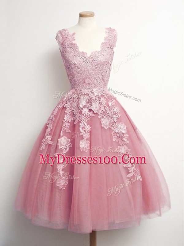 Knee Length Pink Quinceanera Court of Honor Dress Tulle Sleeveless Appliques