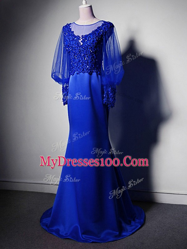 Royal Blue Elastic Woven Satin Clasp Handle Mother Of The Bride Dress Long Sleeves Brush Train Beading and Lace and Appliques