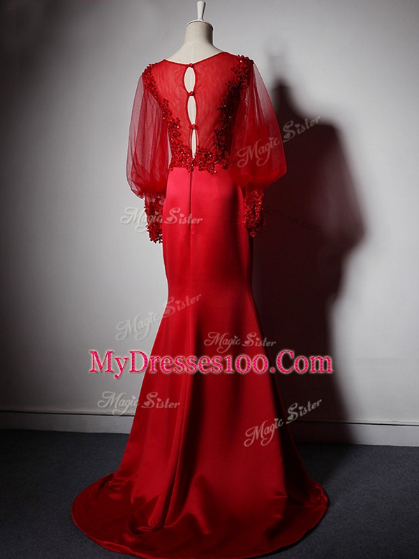 Royal Blue Elastic Woven Satin Clasp Handle Mother Of The Bride Dress Long Sleeves Brush Train Beading and Lace and Appliques