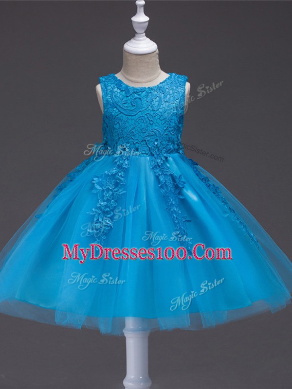 Spectacular Teal Zipper Scoop Appliques Flower Girl Dress Tulle Sleeveless