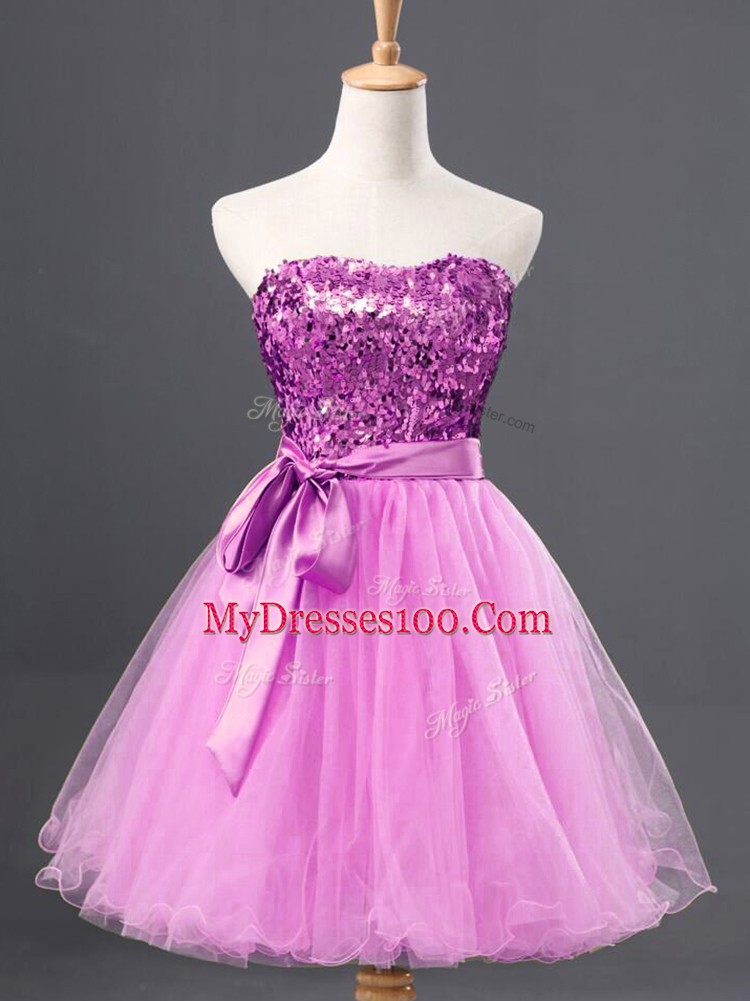 Sweet Lilac Tulle Zipper Sweetheart Sleeveless Mini Length Prom Gown Sequins