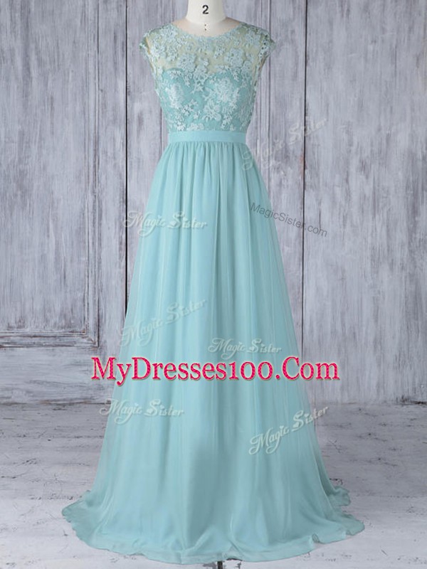 Aqua Blue Cap Sleeves Lace Backless Bridesmaid Dress