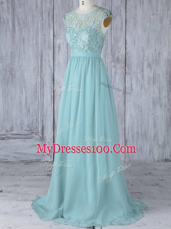 Aqua Blue Cap Sleeves Lace Backless Bridesmaid Dress