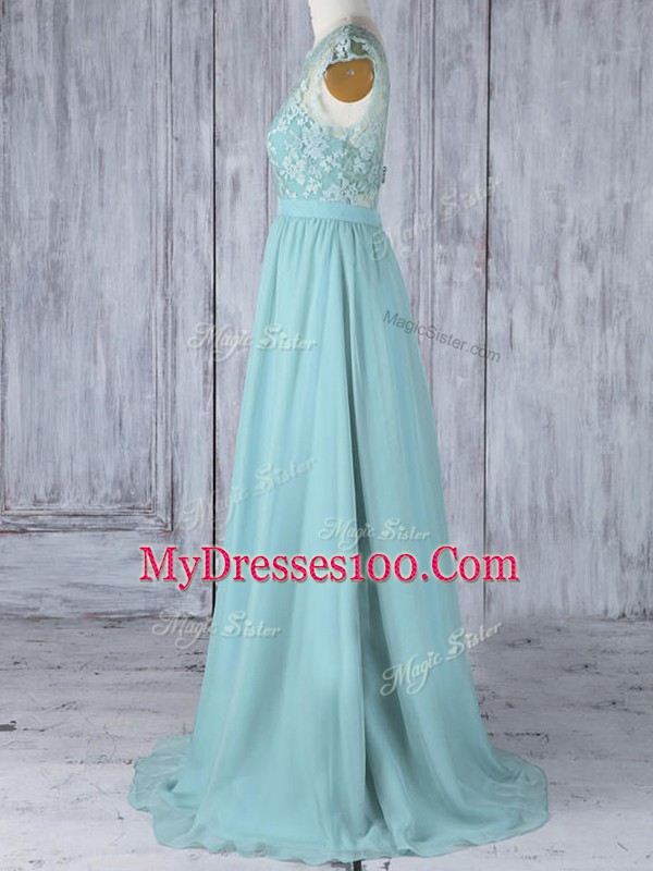 Aqua Blue Cap Sleeves Lace Backless Bridesmaid Dress