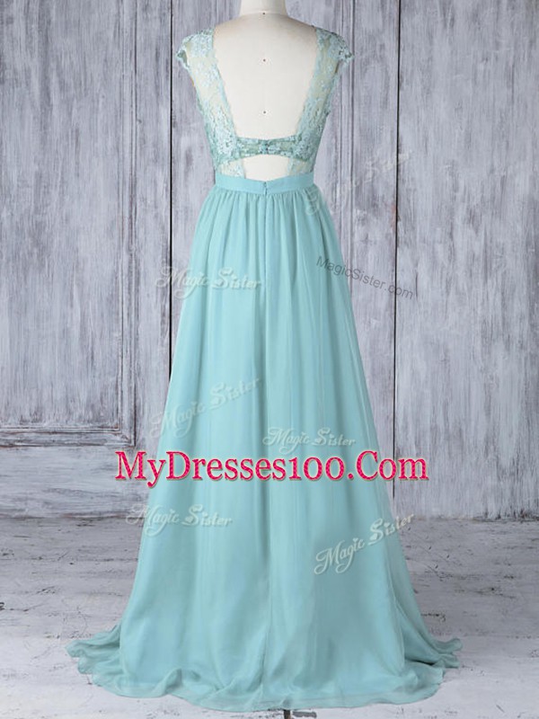 Aqua Blue Cap Sleeves Lace Backless Bridesmaid Dress