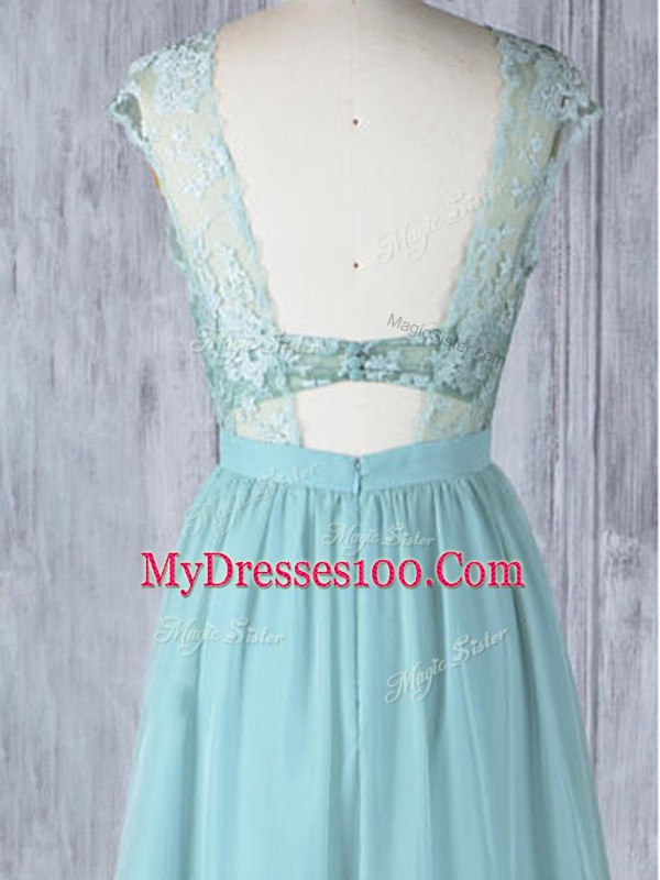 Aqua Blue Cap Sleeves Lace Backless Bridesmaid Dress