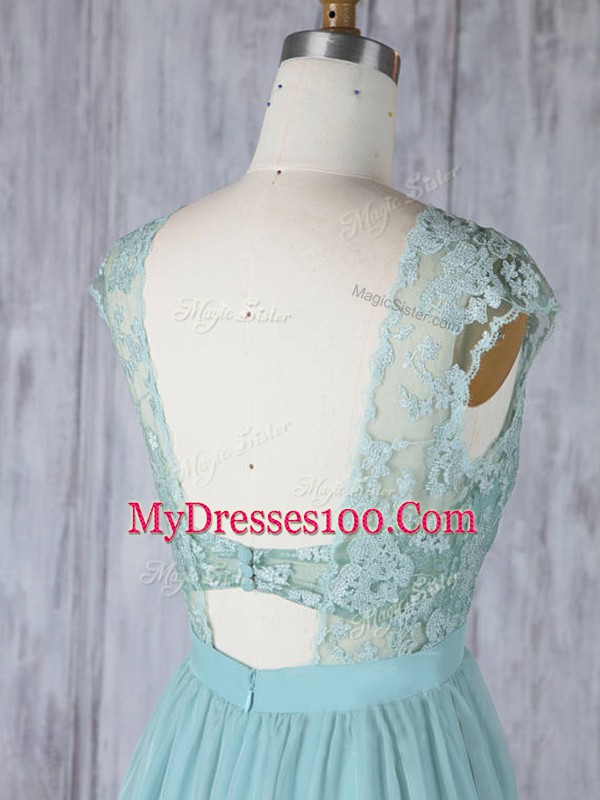 Aqua Blue Cap Sleeves Lace Backless Bridesmaid Dress
