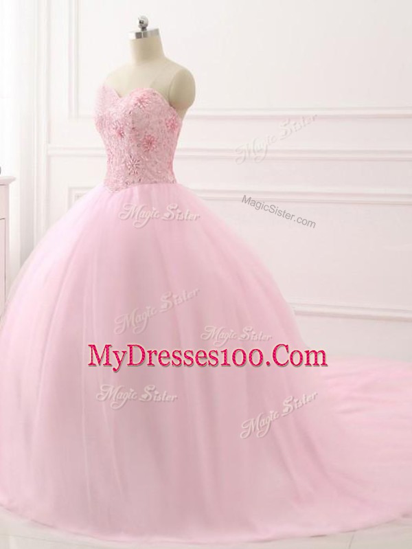 Vintage Sleeveless Tulle Brush Train Lace Up Vestidos de Quinceanera in Baby Pink with Beading