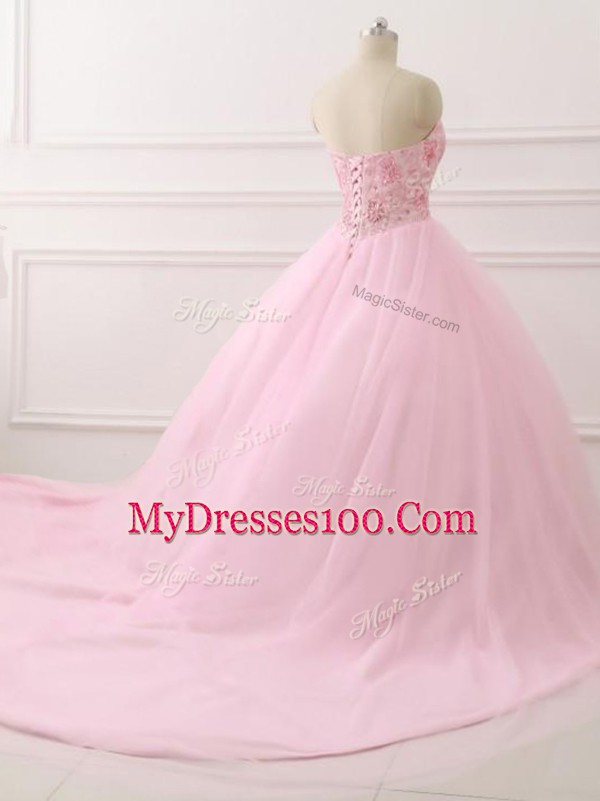Vintage Sleeveless Tulle Brush Train Lace Up Vestidos de Quinceanera in Baby Pink with Beading