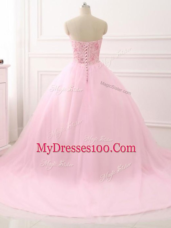 Vintage Sleeveless Tulle Brush Train Lace Up Vestidos de Quinceanera in Baby Pink with Beading
