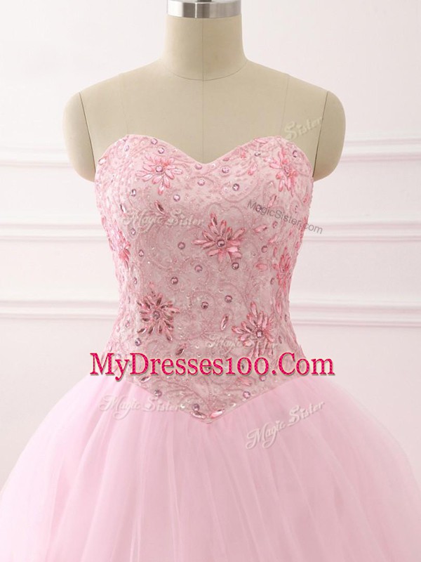 Vintage Sleeveless Tulle Brush Train Lace Up Vestidos de Quinceanera in Baby Pink with Beading