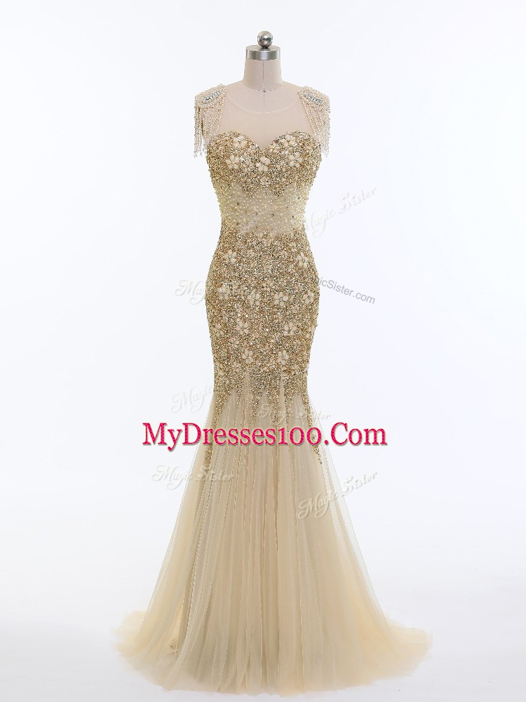 Sweet Sleeveless Tulle Brush Train Zipper Prom Evening Gown in Champagne with Beading