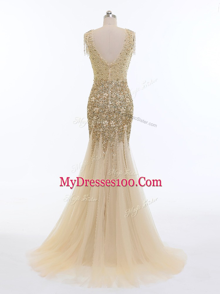 Sweet Sleeveless Tulle Brush Train Zipper Prom Evening Gown in Champagne with Beading