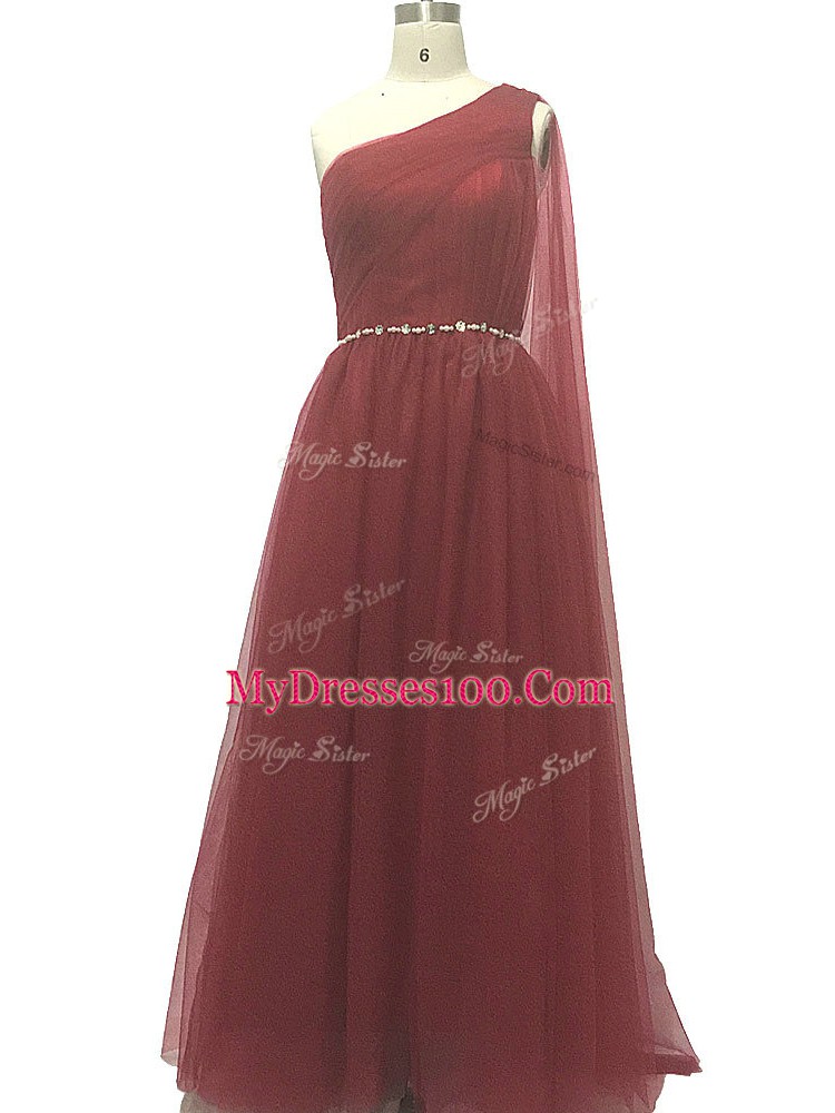Unique Burgundy A-line One Shoulder Sleeveless Chiffon Sweep Train Zipper Beading and Pleated Dress for Prom