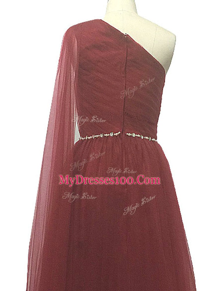 Unique Burgundy A-line One Shoulder Sleeveless Chiffon Sweep Train Zipper Beading and Pleated Dress for Prom