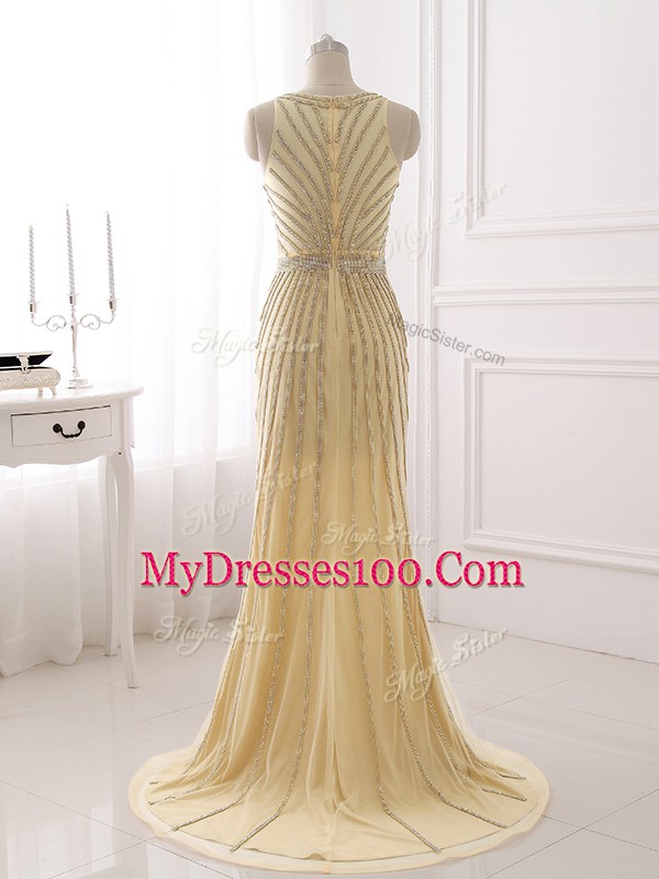 Hot Selling Champagne Sleeveless Beading and Belt Zipper Party Dresses