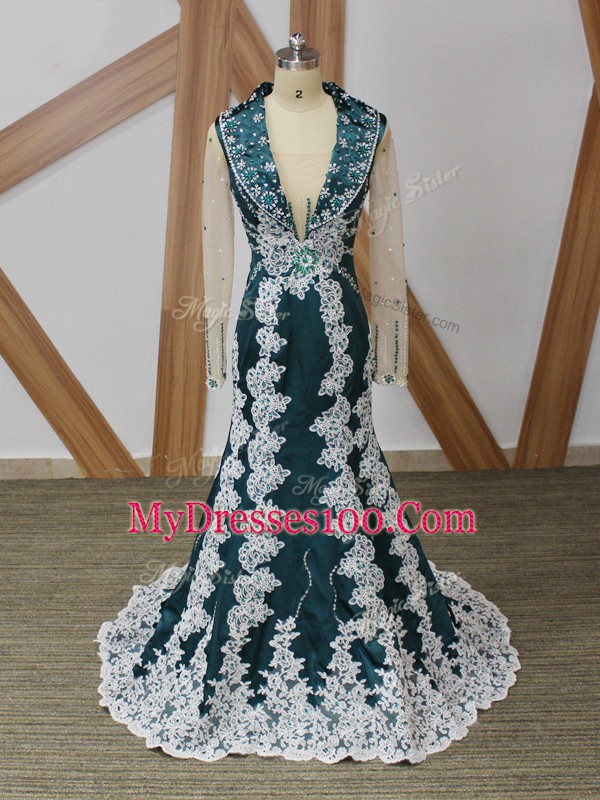 Luxurious Long Sleeves Brush Train Zipper Beading and Lace and Appliques Mother Of The Bride Dress