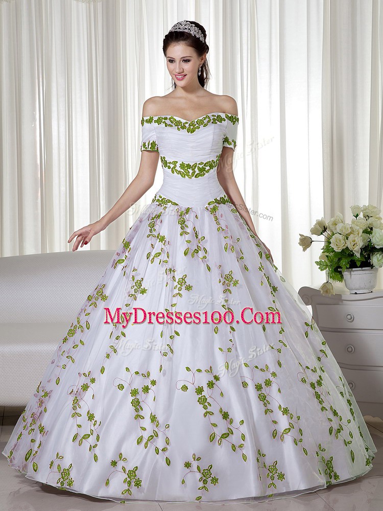Flare White Off The Shoulder Lace Up Embroidery Quince Ball Gowns Short Sleeves