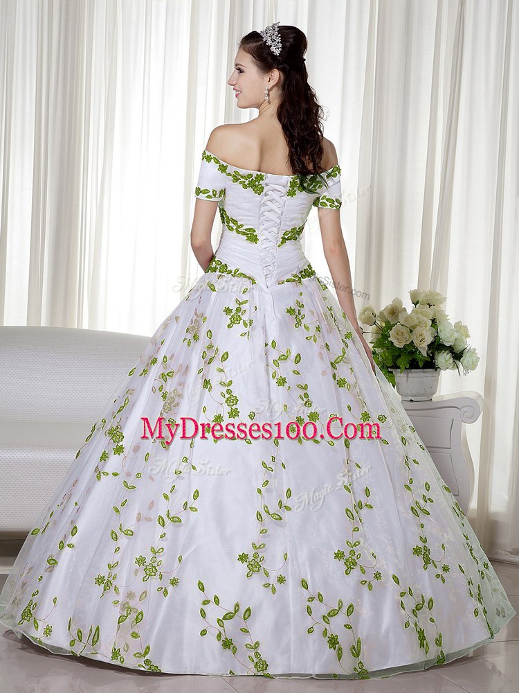 Flare White Off The Shoulder Lace Up Embroidery Quince Ball Gowns Short Sleeves