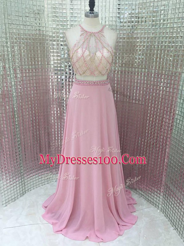 Sleeveless Homecoming Dress Brush Train Beading Pink Chiffon