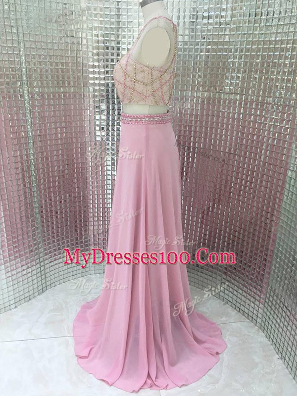 Sleeveless Homecoming Dress Brush Train Beading Pink Chiffon