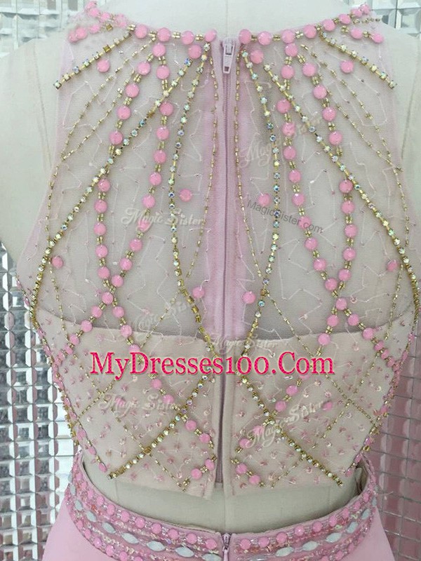Sleeveless Homecoming Dress Brush Train Beading Pink Chiffon