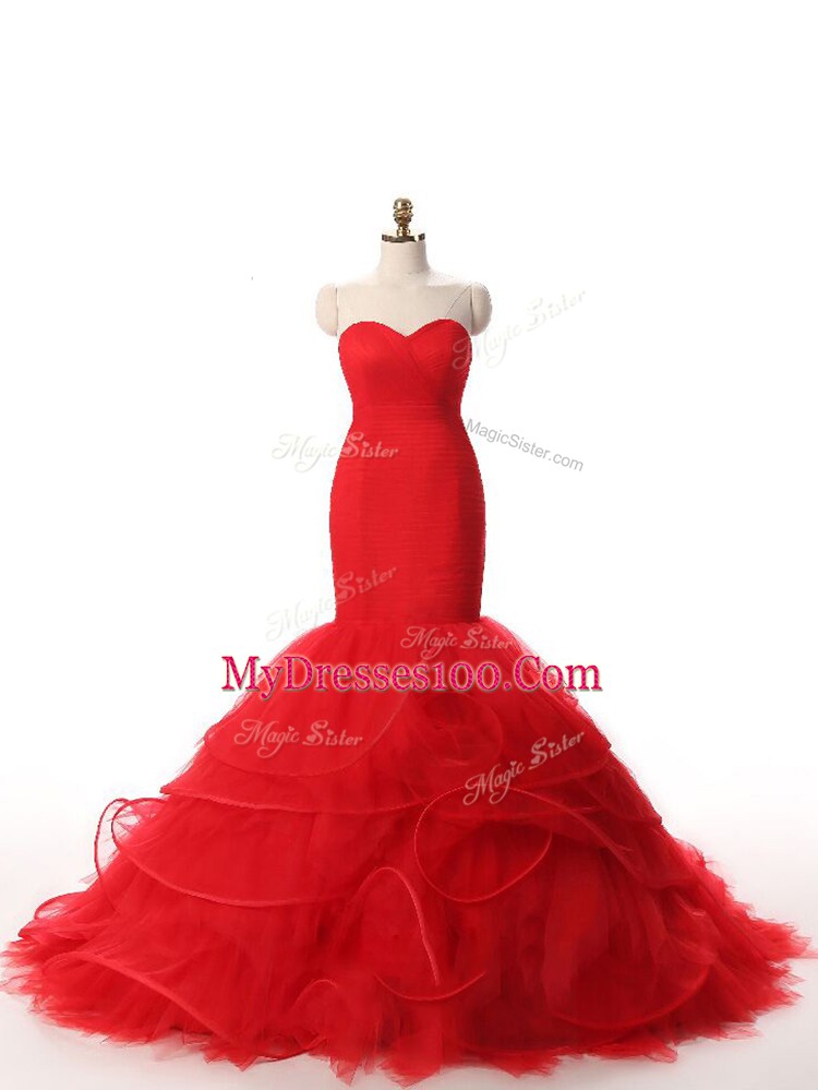 Glittering Sleeveless Ruffles Zipper Evening Dress with Red Brush Train