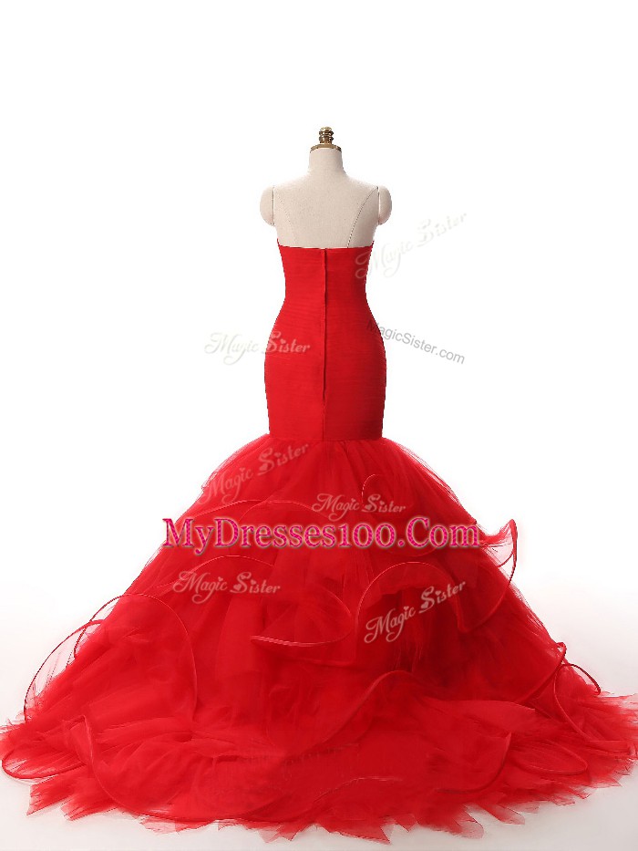Glittering Sleeveless Ruffles Zipper Evening Dress with Red Brush Train