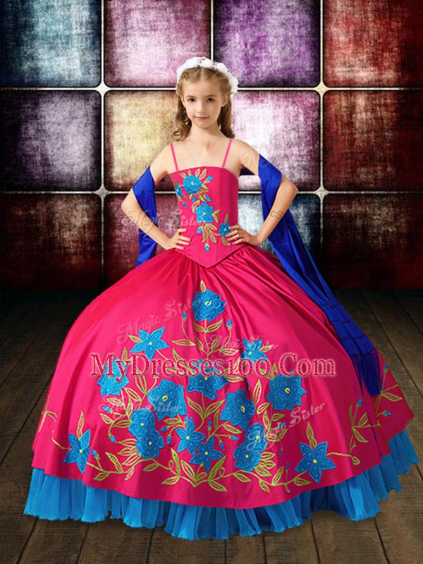 Hot Pink Sleeveless Floor Length Embroidery Lace Up Child Pageant Dress