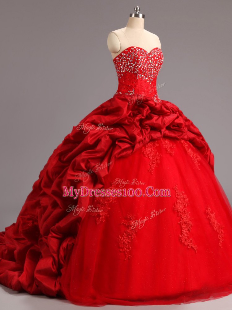 Dazzling Ball Gowns Sleeveless Red Quinceanera Dress Court Train Lace Up