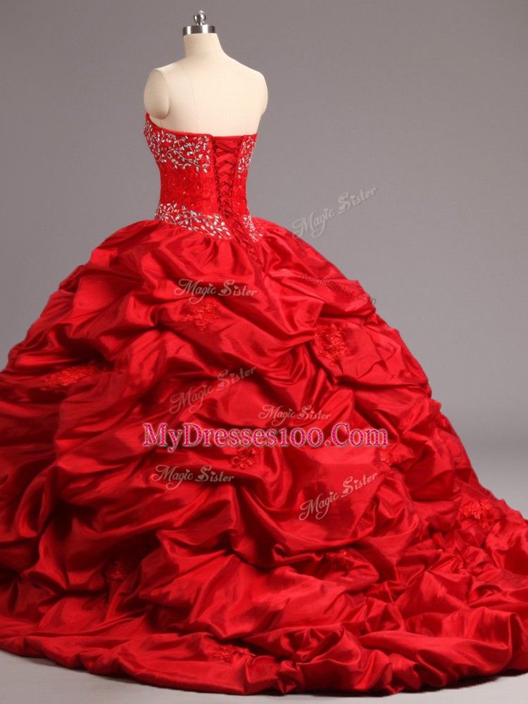 Dazzling Ball Gowns Sleeveless Red Quinceanera Dress Court Train Lace Up