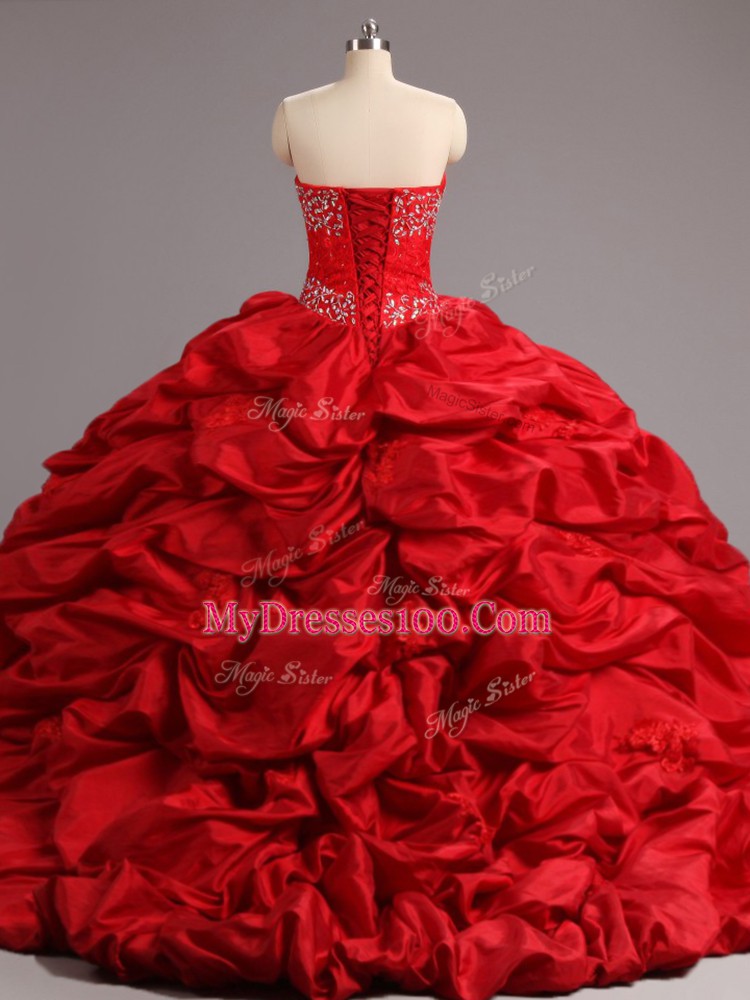 Dazzling Ball Gowns Sleeveless Red Quinceanera Dress Court Train Lace Up