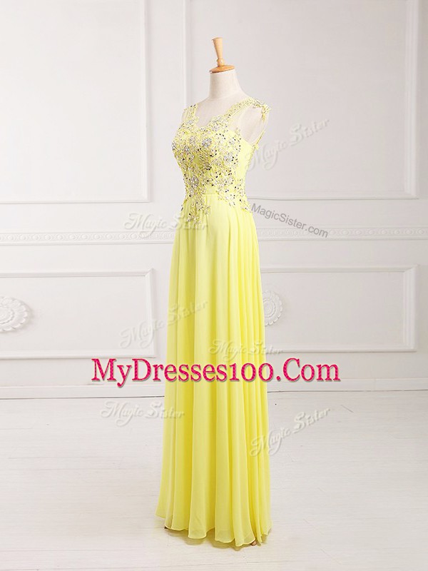 Chiffon V-neck Sleeveless Zipper Lace and Appliques Homecoming Dress in Yellow