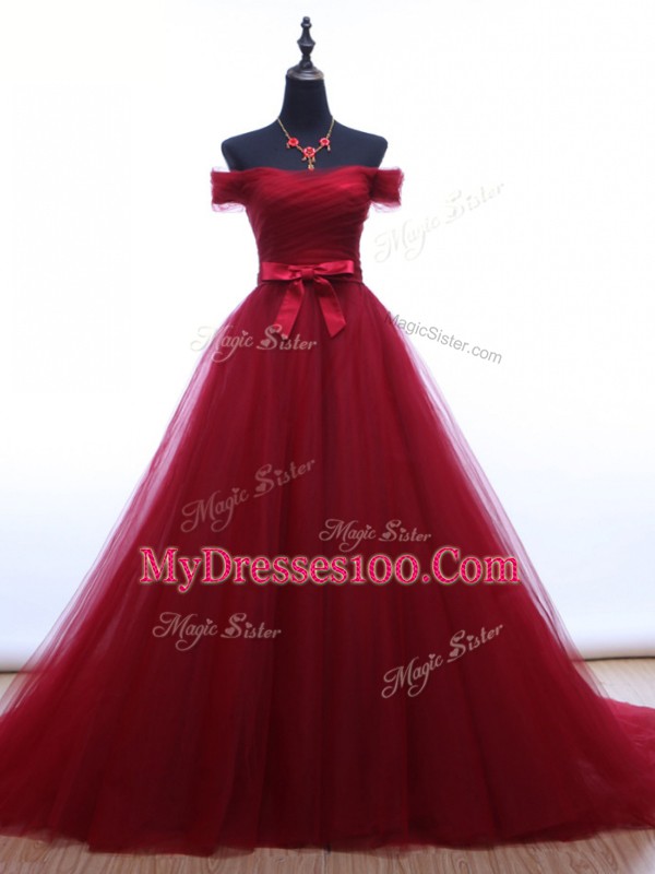 Ruching and Belt Prom Dresses Burgundy Lace Up Sleeveless Brush Train