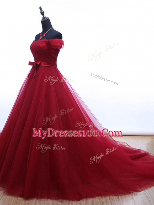 Ruching and Belt Prom Dresses Burgundy Lace Up Sleeveless Brush Train
