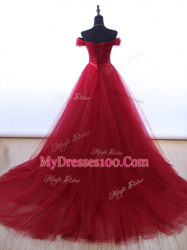 Ruching and Belt Prom Dresses Burgundy Lace Up Sleeveless Brush Train