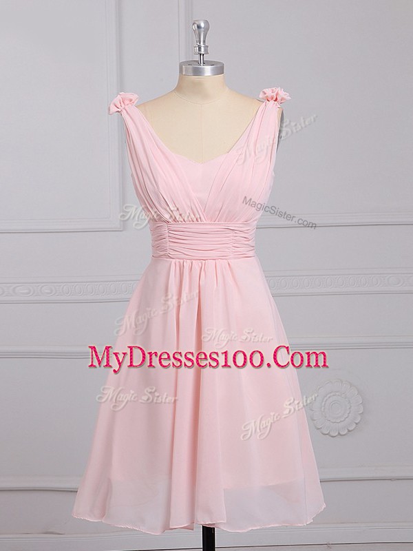 Sleeveless Chiffon Mini Length Lace Up Quinceanera Court Dresses in Baby Pink with Hand Made Flower