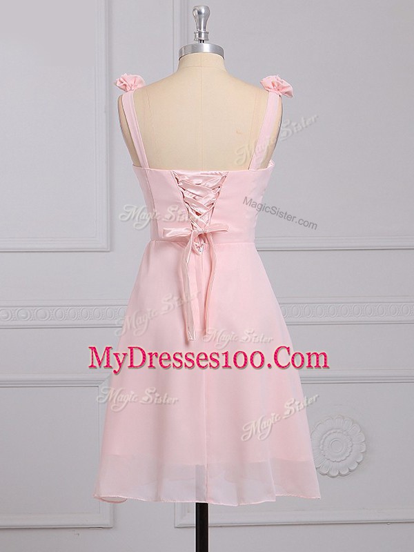 Sleeveless Chiffon Mini Length Lace Up Quinceanera Court Dresses in Baby Pink with Hand Made Flower