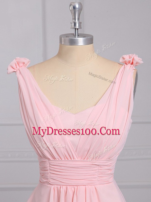 Sleeveless Chiffon Mini Length Lace Up Quinceanera Court Dresses in Baby Pink with Hand Made Flower