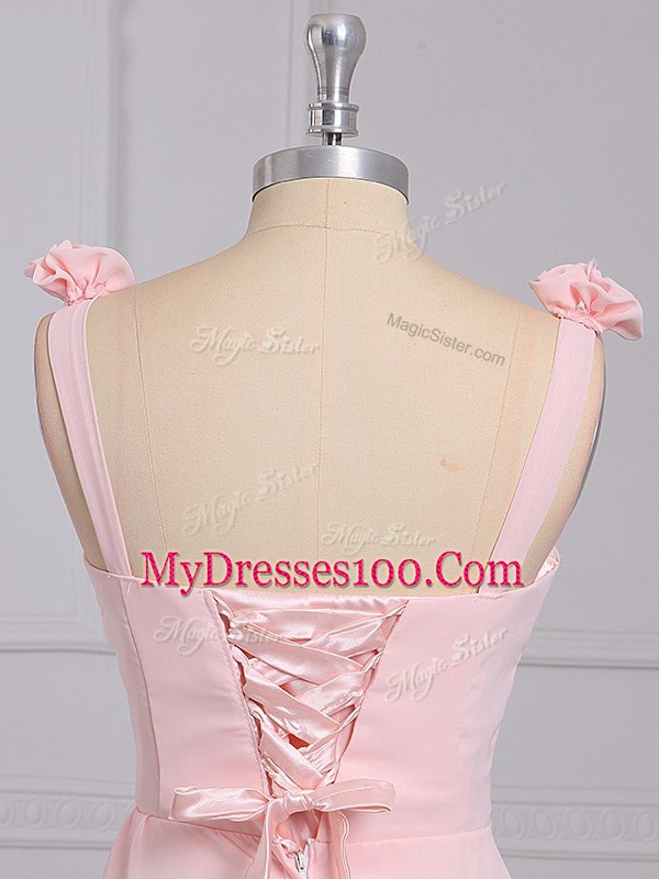 Sleeveless Chiffon Mini Length Lace Up Quinceanera Court Dresses in Baby Pink with Hand Made Flower