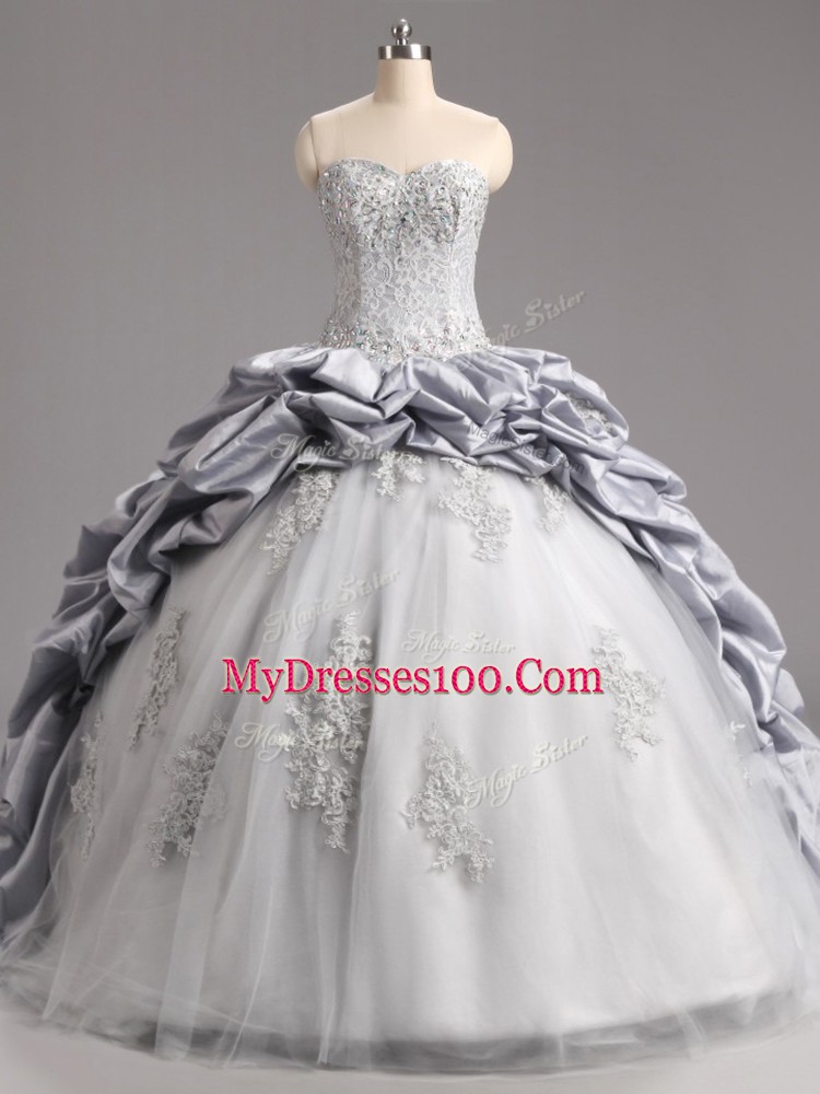 Lovely Taffeta and Tulle Sweetheart Sleeveless Brush Train Lace Up Beading and Appliques and Pick Ups Vestidos de Quinceanera in Silver