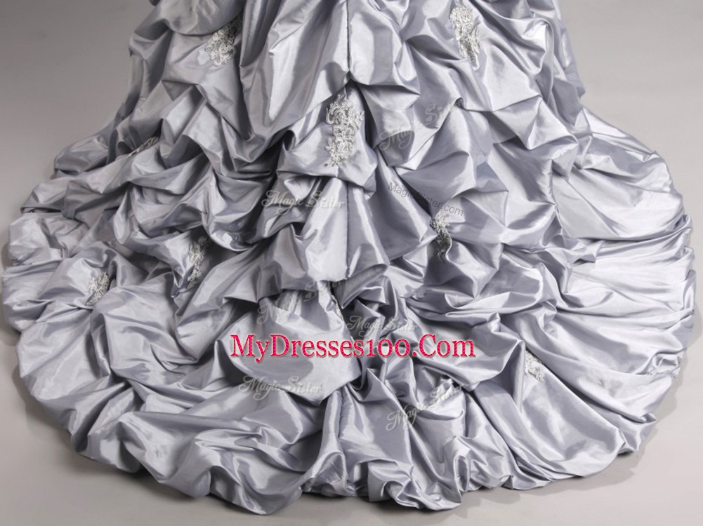Lovely Taffeta and Tulle Sweetheart Sleeveless Brush Train Lace Up Beading and Appliques and Pick Ups Vestidos de Quinceanera in Silver