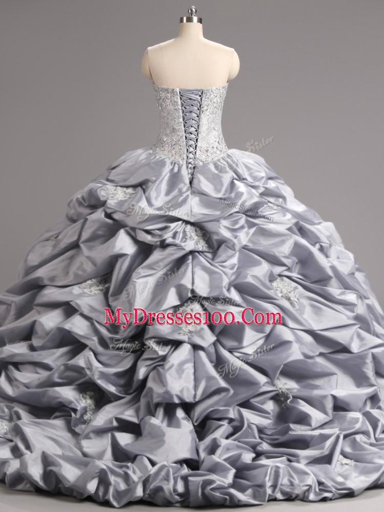 Lovely Taffeta and Tulle Sweetheart Sleeveless Brush Train Lace Up Beading and Appliques and Pick Ups Vestidos de Quinceanera in Silver