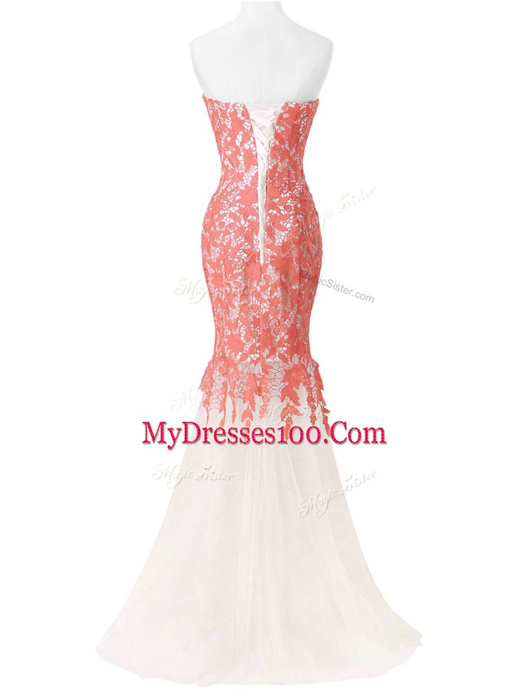 Lace and Appliques Evening Dress White Lace Up Sleeveless Floor Length