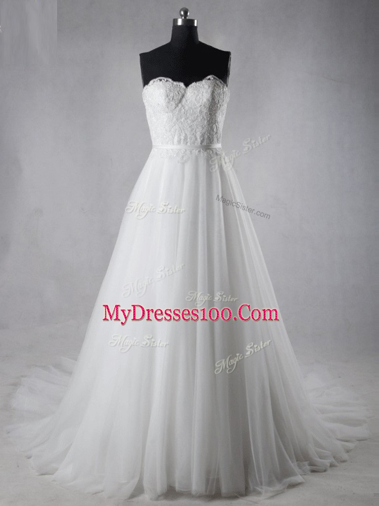 White Zipper Sweetheart Lace Wedding Gown Tulle Sleeveless Brush Train