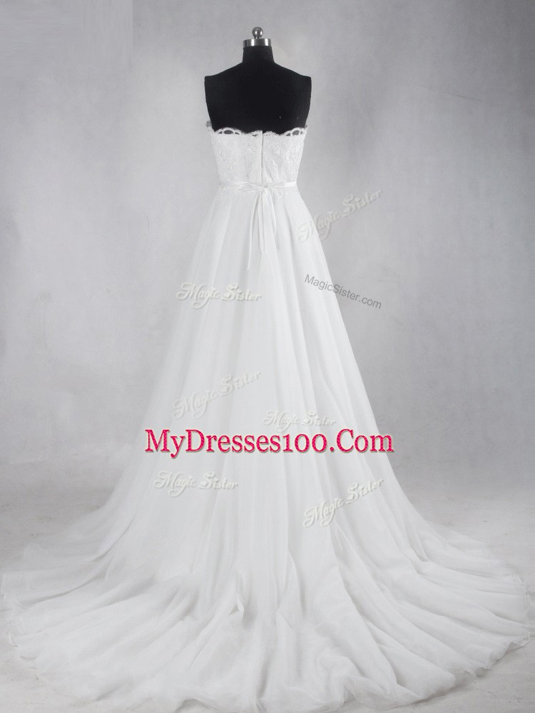 White Zipper Sweetheart Lace Wedding Gown Tulle Sleeveless Brush Train