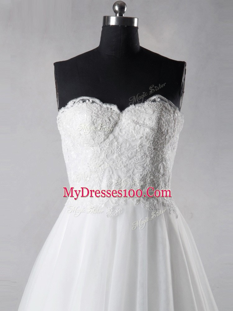 White Zipper Sweetheart Lace Wedding Gown Tulle Sleeveless Brush Train