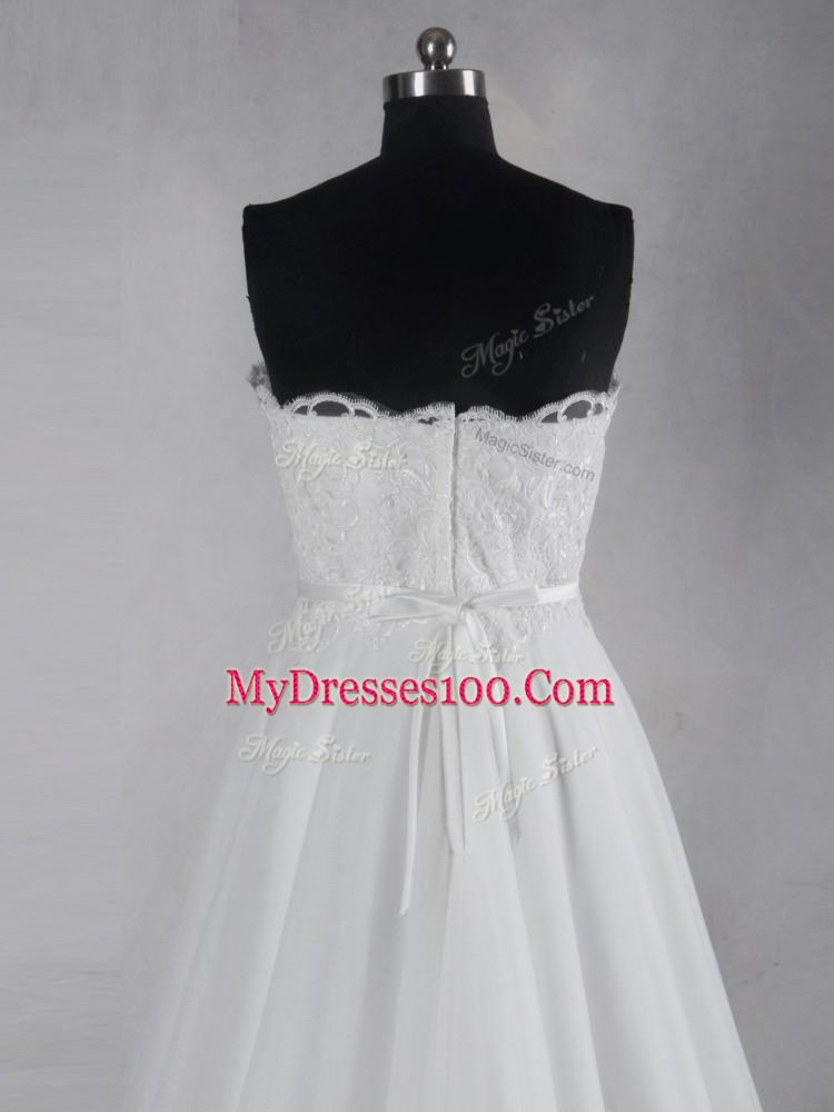 White Zipper Sweetheart Lace Wedding Gown Tulle Sleeveless Brush Train