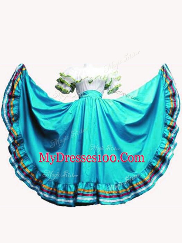 Aqua Blue Lace Up 15th Birthday Dress Ruffled Layers Short Sleeves Floor Length