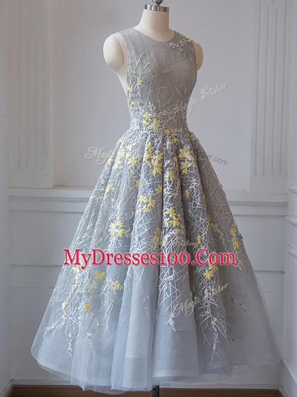 A-line Bridesmaids Dress Grey Scoop Tulle Sleeveless Tea Length Criss Cross